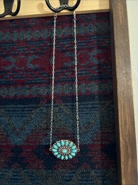 Western Turquoise Floral Statement Necklace - Silver Paperclip Chain
